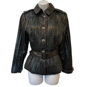 CARLISLE Womens Size 12 Black Crinkle Belted Military Jacket Blazer Button Close